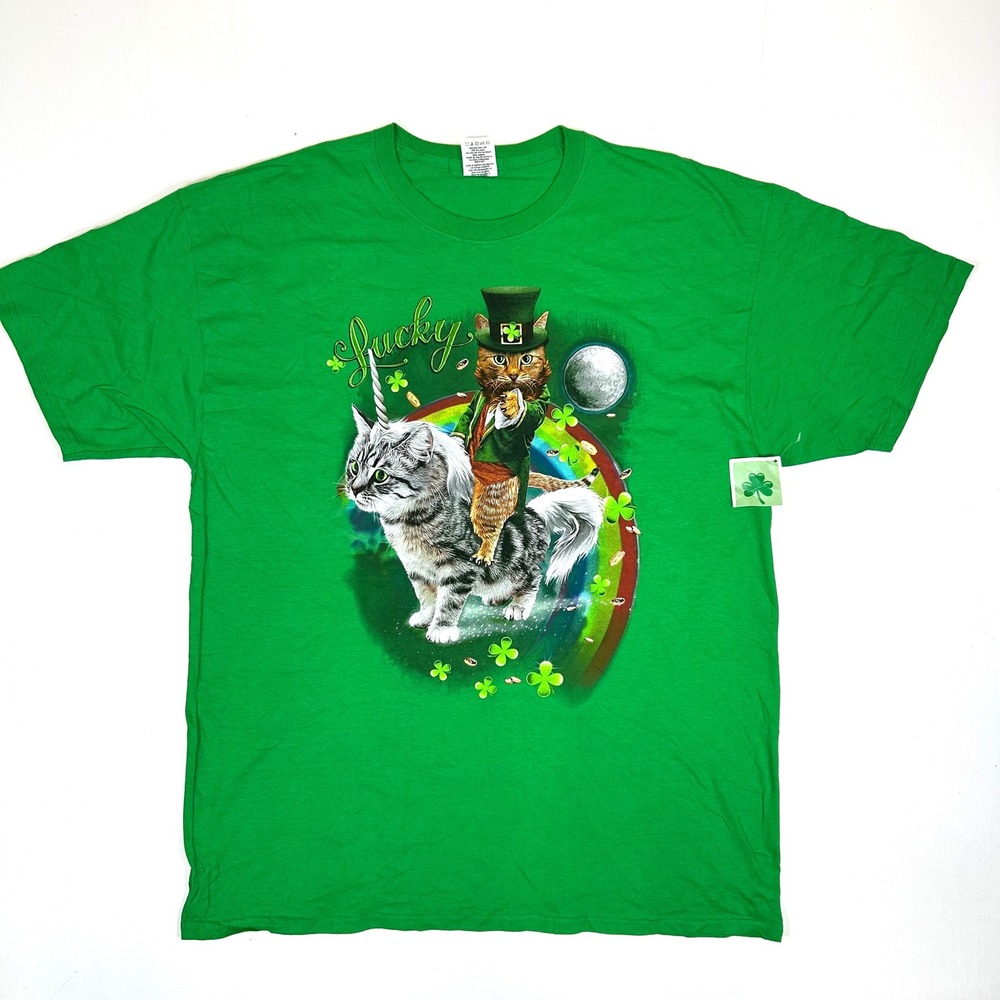 Lucky Mens XL Green St Patricks Day Leprechaun Cat Unicorn Graphic Tee Shirt NEW